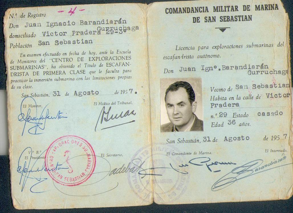 Licencia de escafandrista autónomo de Juan Ignacio Barandiarán, Comandancia Militar de Marina de San Sebastián, 1957