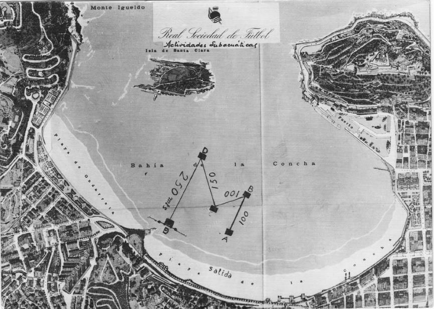 Plano de la bahía de la Concha de San Sebastián con el recorrido de la prueba de orientación subacuática